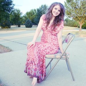 Bright Red Pattern V Neck Boho Tie Maxi Dress